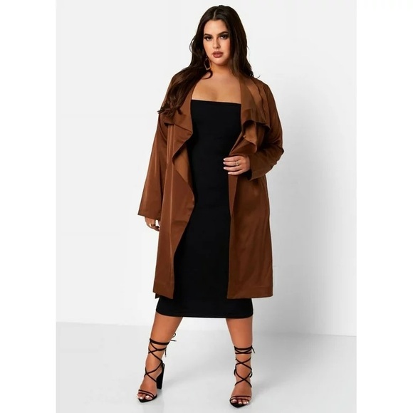 Rebdolls Plus Size 2X Satin Wide Lapel Duster Coat - Brown - Picture 6 of 13